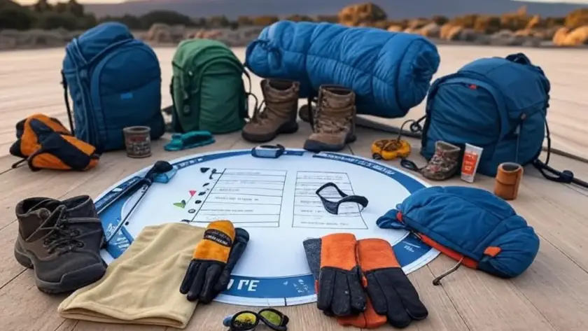 An ultimate Kilimanjaro packing list laid out on a wooden platform with Mount Kilimanjaro in the background, featuring backpacks, hiking boots, gloves, sleeping bag, sunglasses, trekking poles, and other essential trekking gear arranged around a circular checklist.