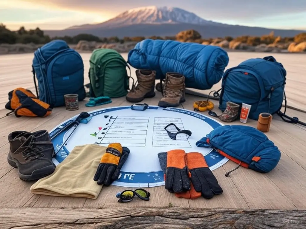 An ultimate Kilimanjaro packing list laid out on a wooden platform with Mount Kilimanjaro in the background, featuring backpacks, hiking boots, gloves, sleeping bag, sunglasses, trekking poles, and other essential trekking gear arranged around a circular checklist.