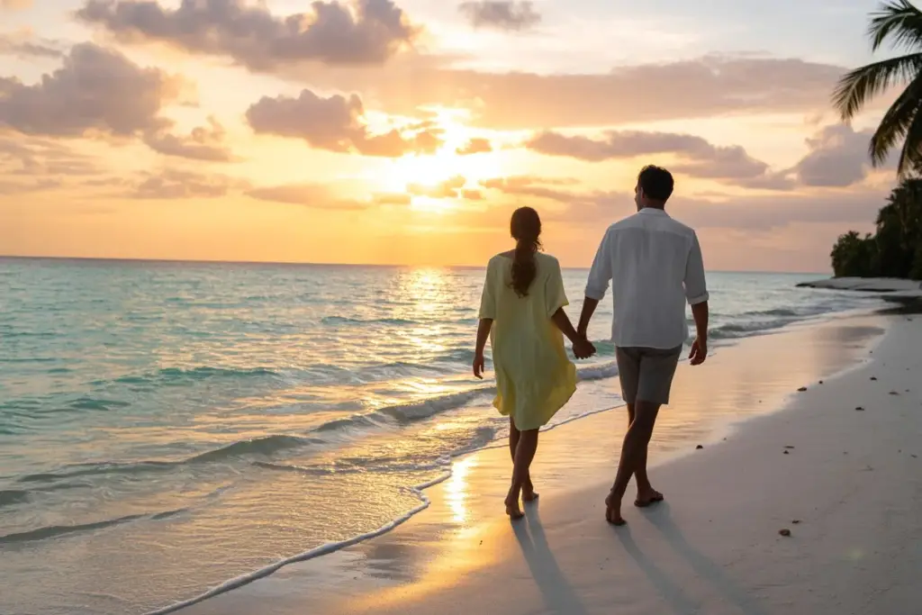 A couple walking hand in hand on Zanzibar beach during a vibrant sunset, with waves gently lapping at their feet.