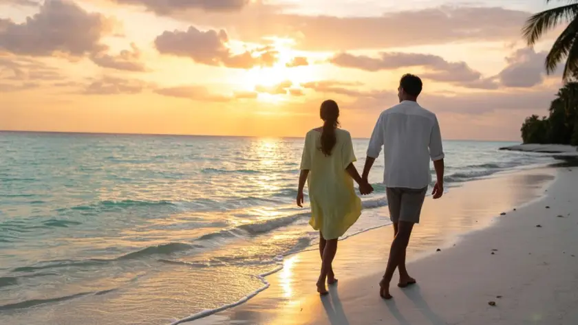 A couple walking hand in hand on Zanzibar beach during a vibrant sunset, with waves gently lapping at their feet.