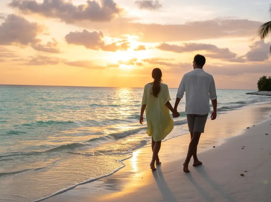 A couple walking hand in hand on Zanzibar beach during a vibrant sunset, with waves gently lapping at their feet.