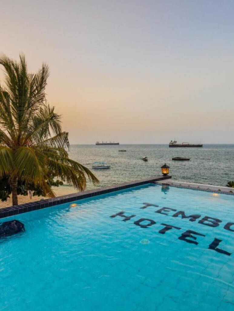 Infinity pool at Tembo Hotel with palm tree and ocean view with ships at dusk