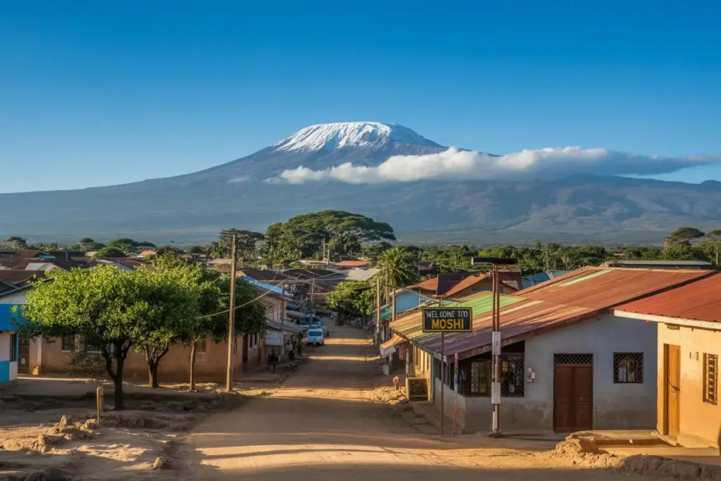 A scenic view of Moshi Town with a mount Kilimanjaro towering in the background, showcasing the village's natural beauty.