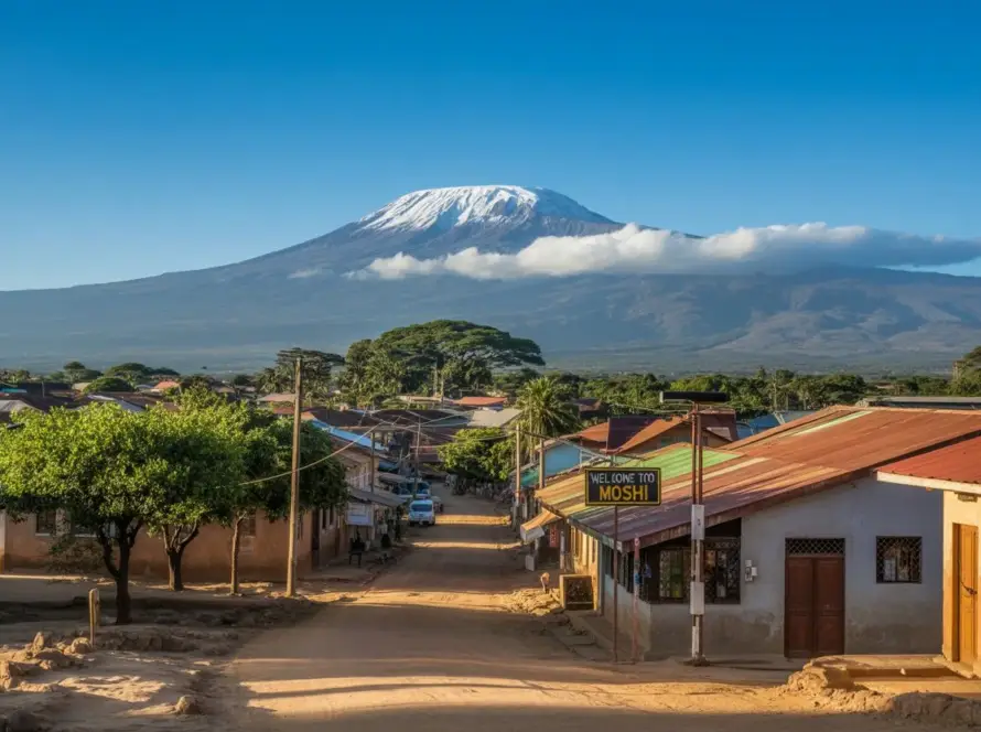 A scenic view of Moshi Town with a mount Kilimanjaro towering in the background, showcasing the village's natural beauty.