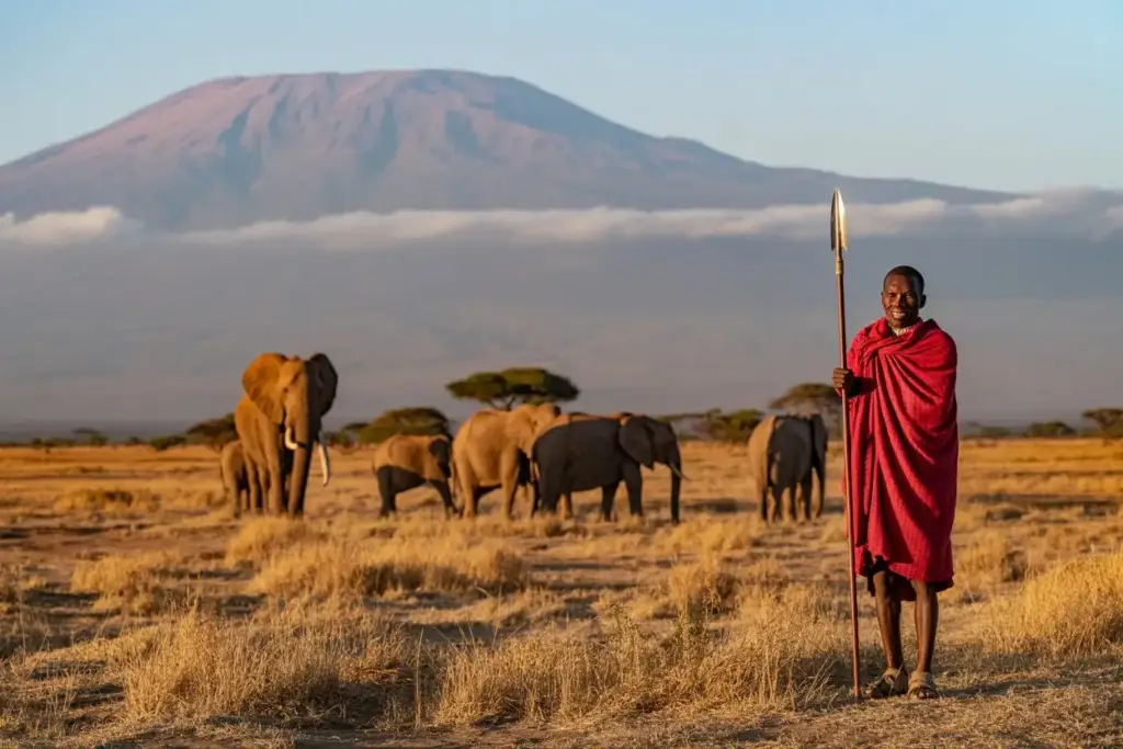 Maasai warrior stands proudly with elephants grazing in Amboseli National Park, Kenya, showcasing wildlife and culture.