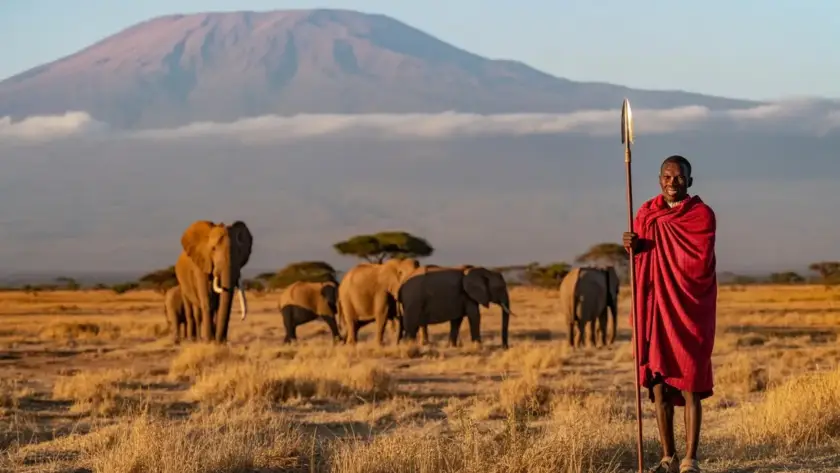 Maasai warrior stands proudly with elephants grazing in Amboseli National Park, Kenya, showcasing wildlife and culture.