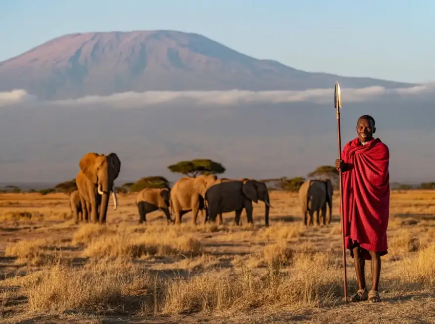 Maasai warrior stands proudly with elephants grazing in Amboseli National Park, Kenya, showcasing wildlife and culture.