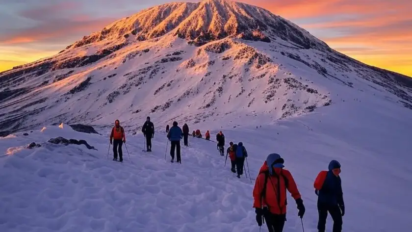 A group of hikers ascends a snow-covered Kilimanjaro mountain at sunrise, with vibrant colors illuminating the sky and terrain.