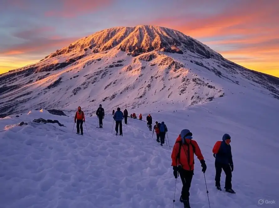 A group of hikers ascends a snow-covered Kilimanjaro mountain at sunrise, with vibrant colors illuminating the sky and terrain.