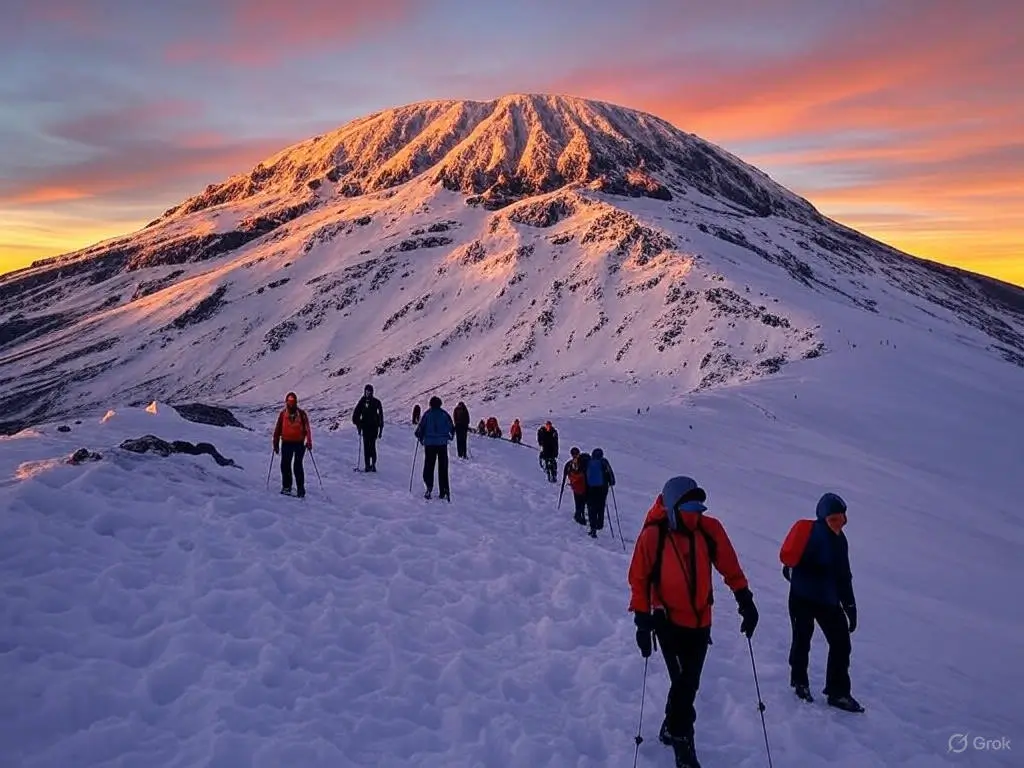 A group of hikers ascends a snow-covered Kilimanjaro mountain at sunrise, with vibrant colors illuminating the sky and terrain.