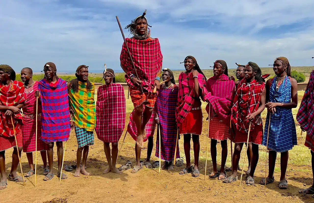 Maasai people jumping during a safari visit Tanzania