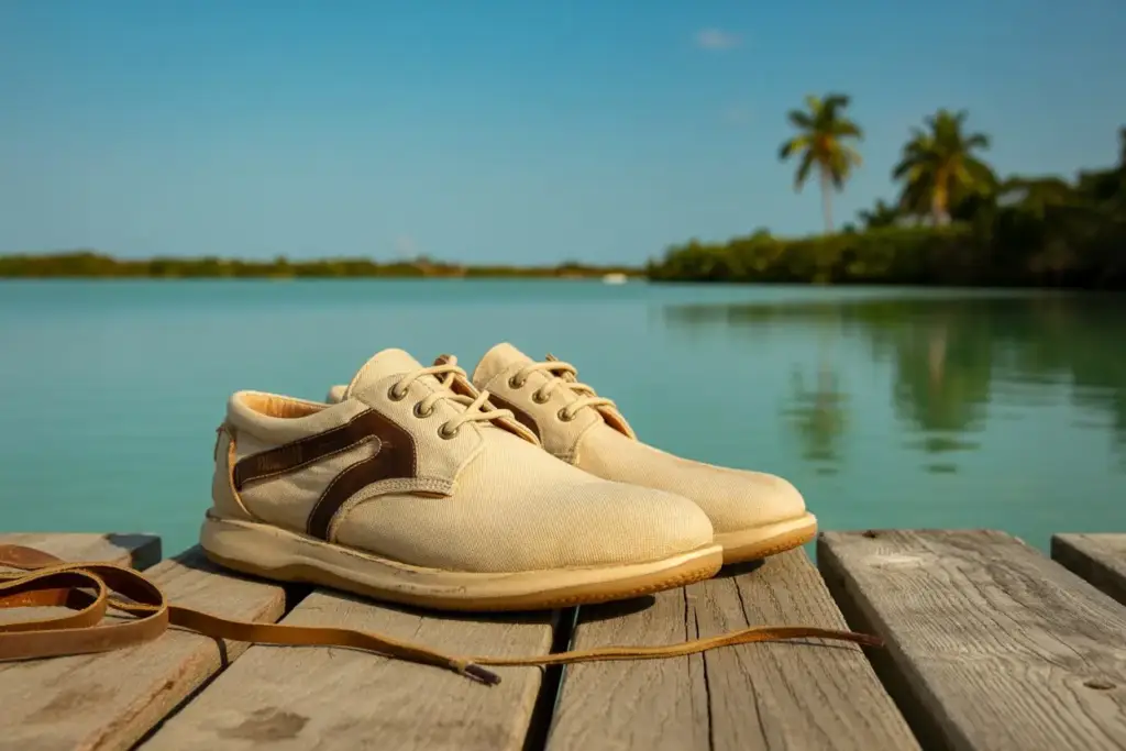 White safari shoes placed on a wooden dock, showcasing a casual outdoor style against a natural backdrop.