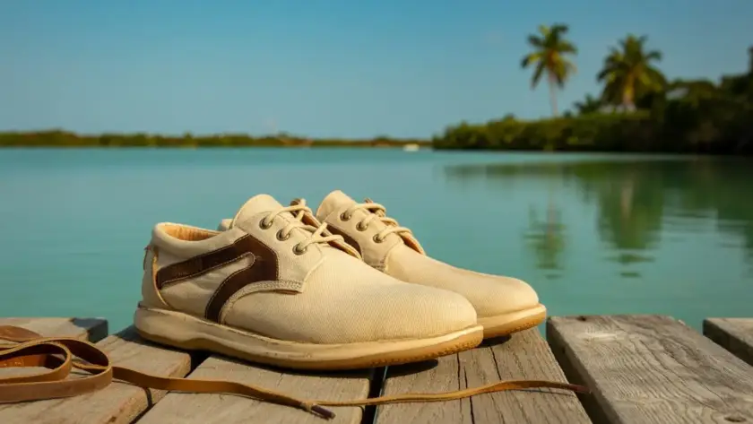 White safari shoes placed on a wooden dock, showcasing a casual outdoor style against a natural backdrop.