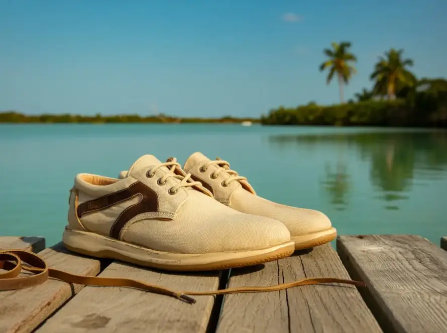 White safari shoes placed on a wooden dock, showcasing a casual outdoor style against a natural backdrop.