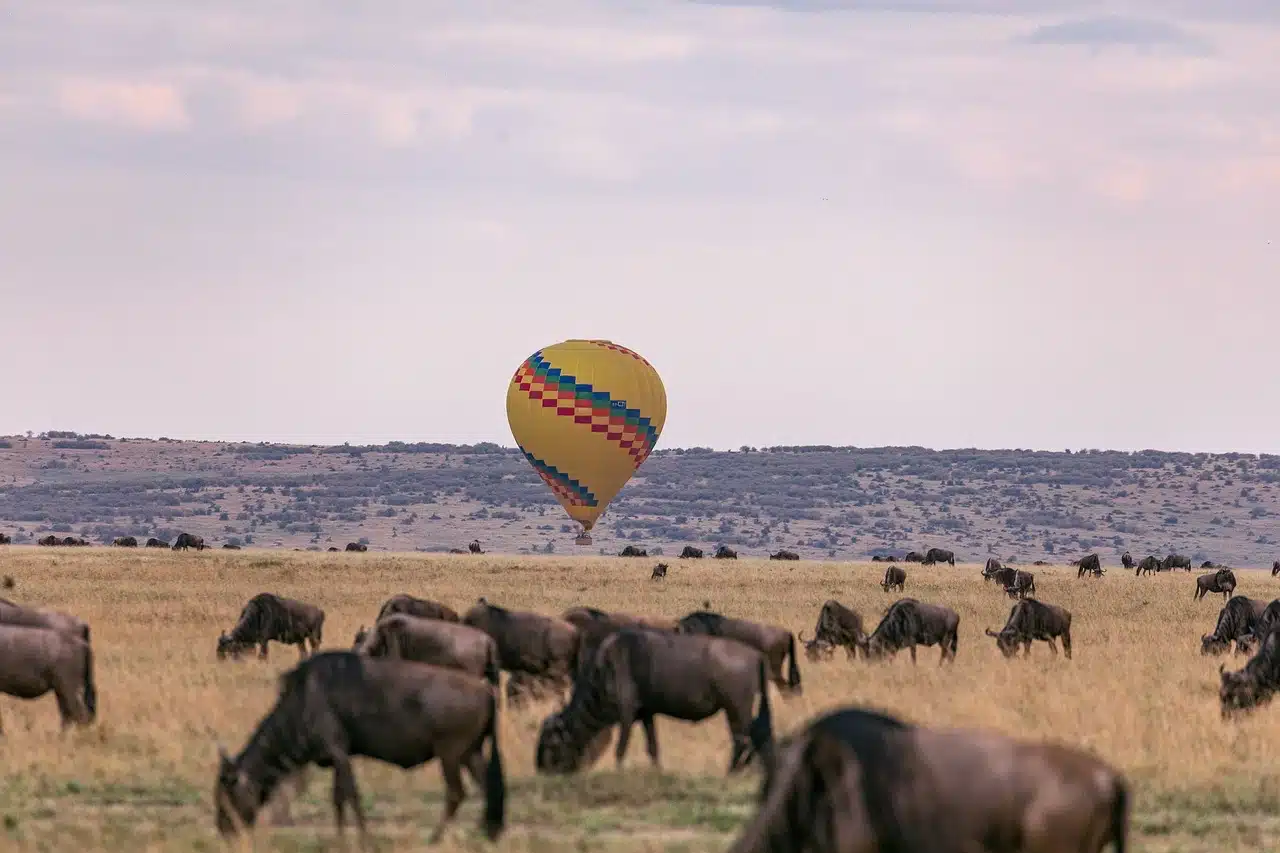 balloon flying over Maasai Mara during the safari in Kenya