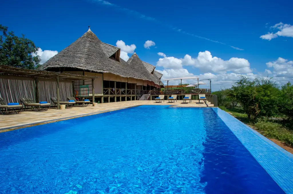 Pool and main house at Lake Burunge Tented Lodge