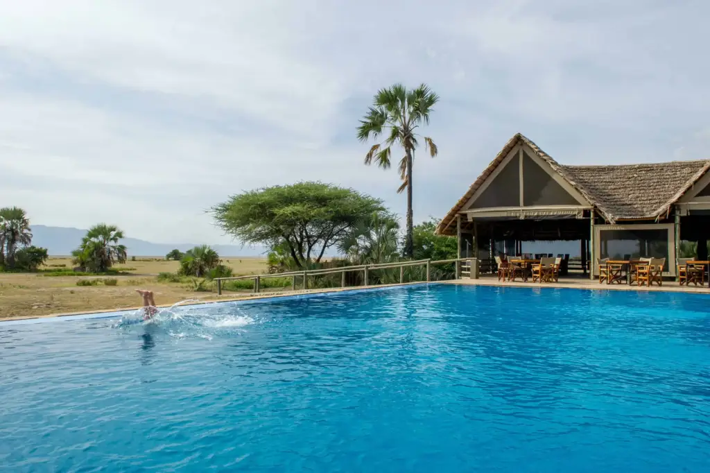 Infinity pool with swimmer, open landscape view, and thatch-roofed structure at Maramboi Tented Camp Tarangire