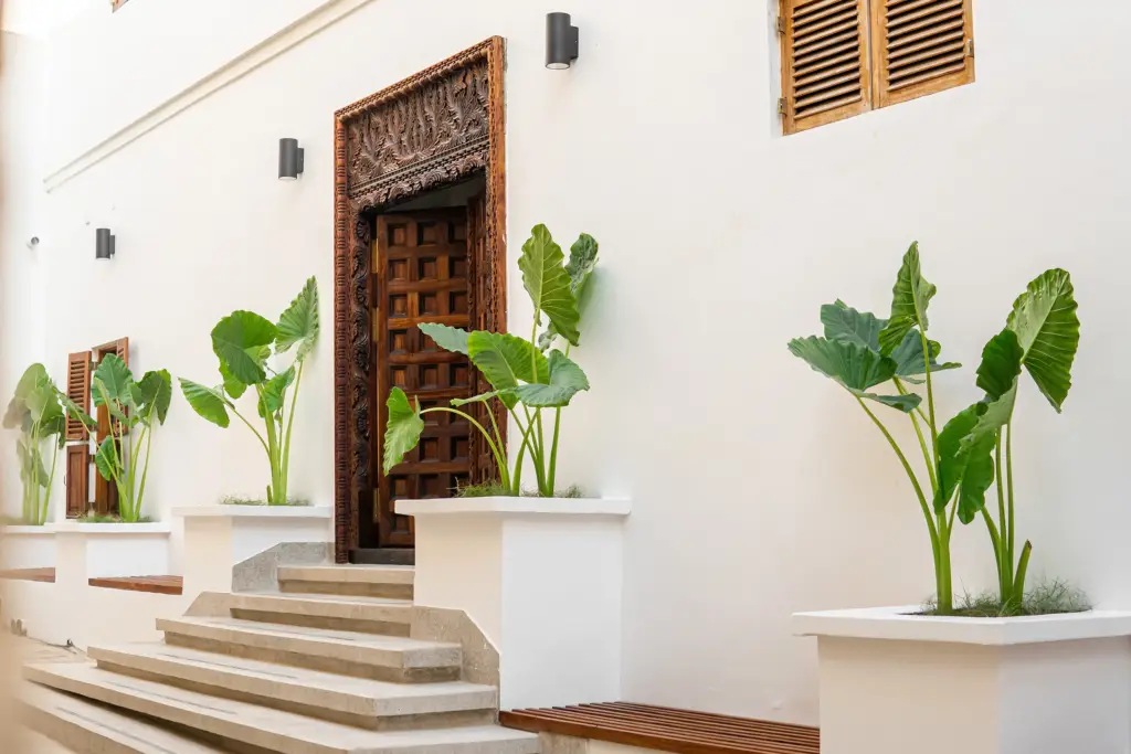 The Entry gate at the Neela Boutique Hotel Stone Town with beautiful plants