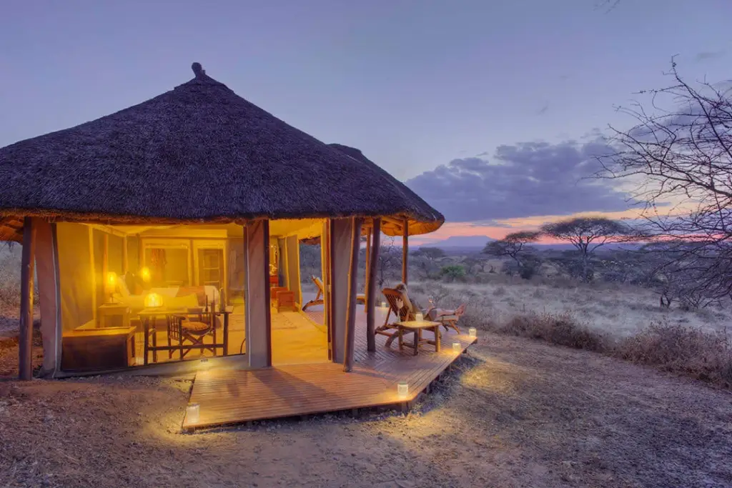 Stunning evening view of a room of the Oliver's Camp Tarangire