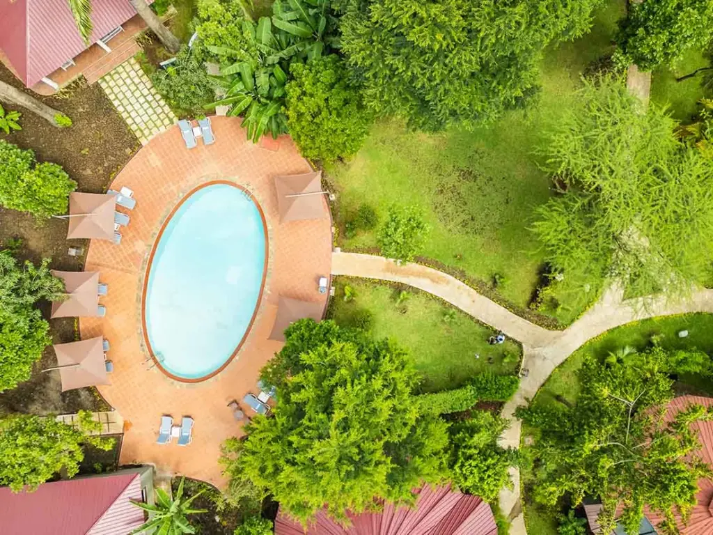 Aerial View of Serene Pool and Lush Greenery at Arusha Planet Lodge