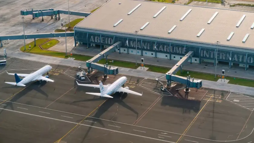Aerial view of zanzibar airport with plans parked in the the parking