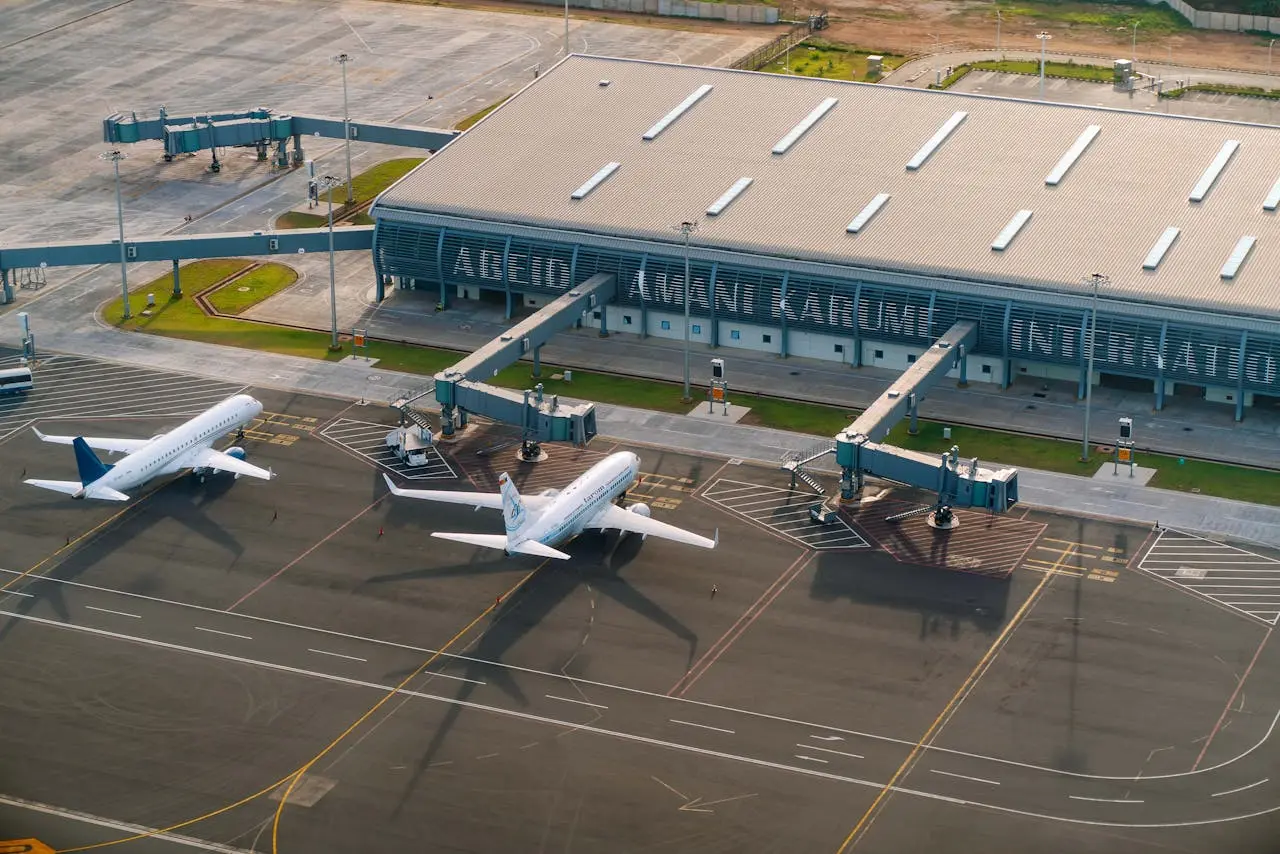 Aerial view of zanzibar airport with plans parked in the the parking