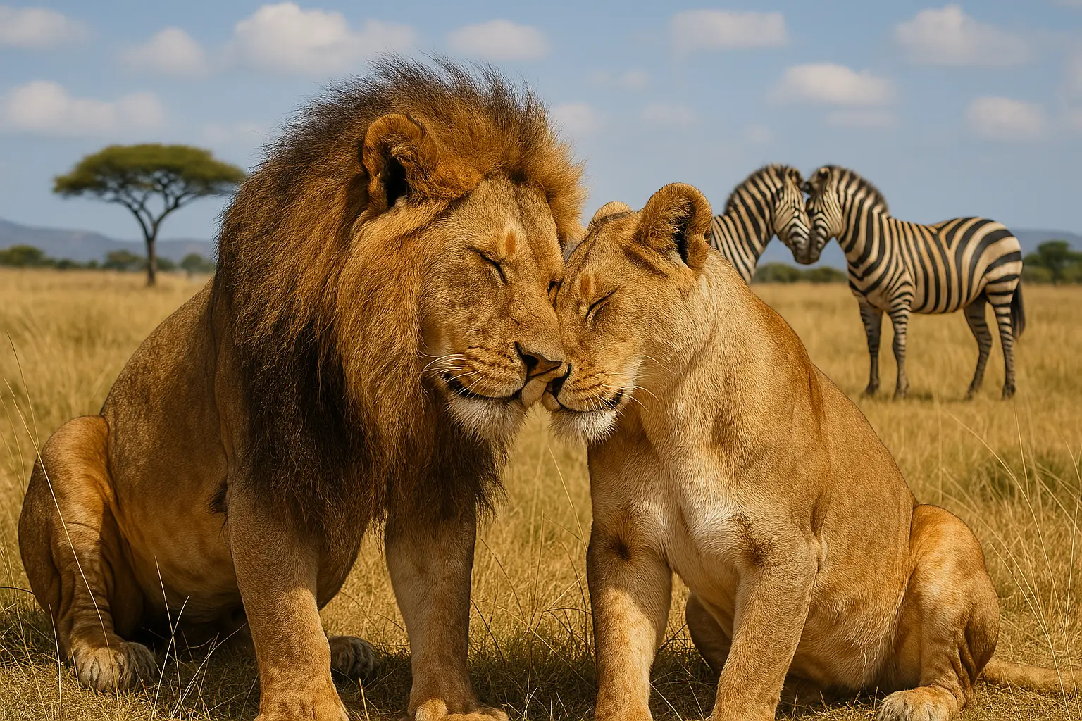 In the heart of Tanzania’s golden savannah, a lion and lioness nuzzle affectionately—wild romance on display beneath a vast blue sky. In the distance, serene zebras graze peacefully, capturing the raw beauty of a honeymoon in Tanzania and Zanzibar before retreating to the white sands of Zanzibar.