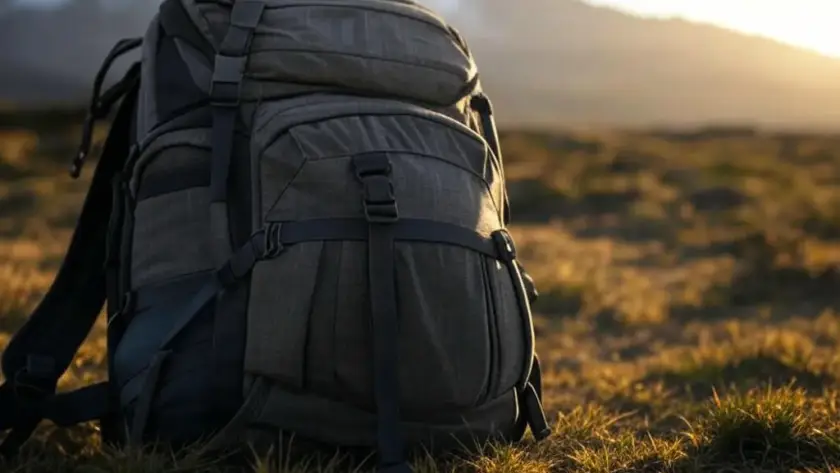 A gray backpack rests on grassy terrain under the warm glow of sunset, with Mount Kilimanjaro rising majestically in the background