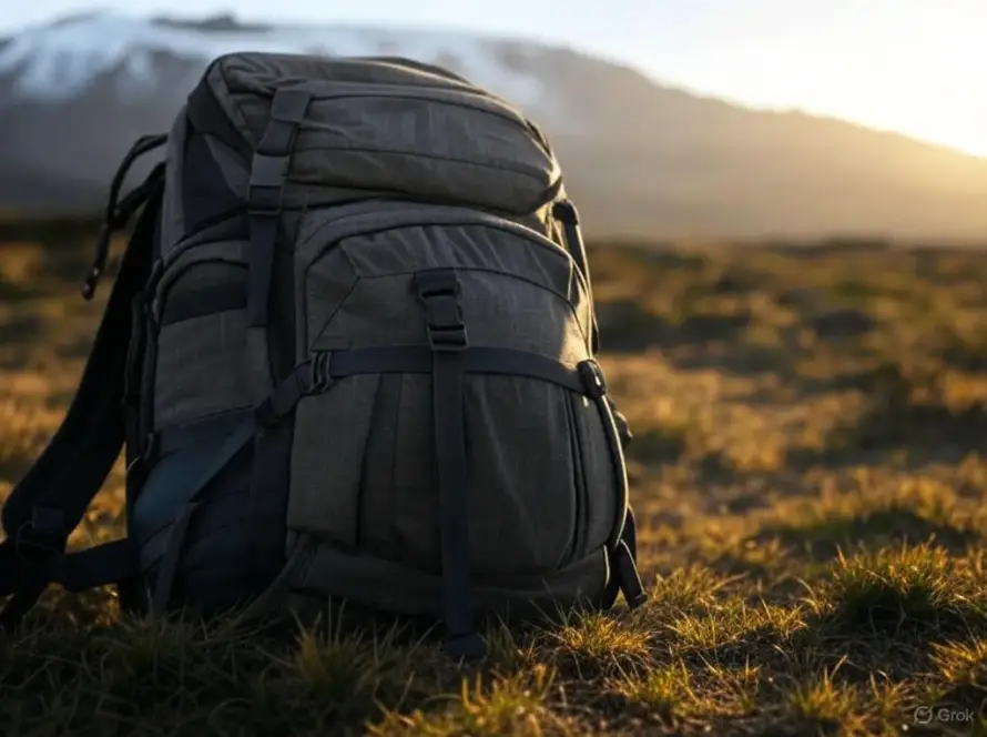 A gray backpack rests on grassy terrain under the warm glow of sunset, with Mount Kilimanjaro rising majestically in the background