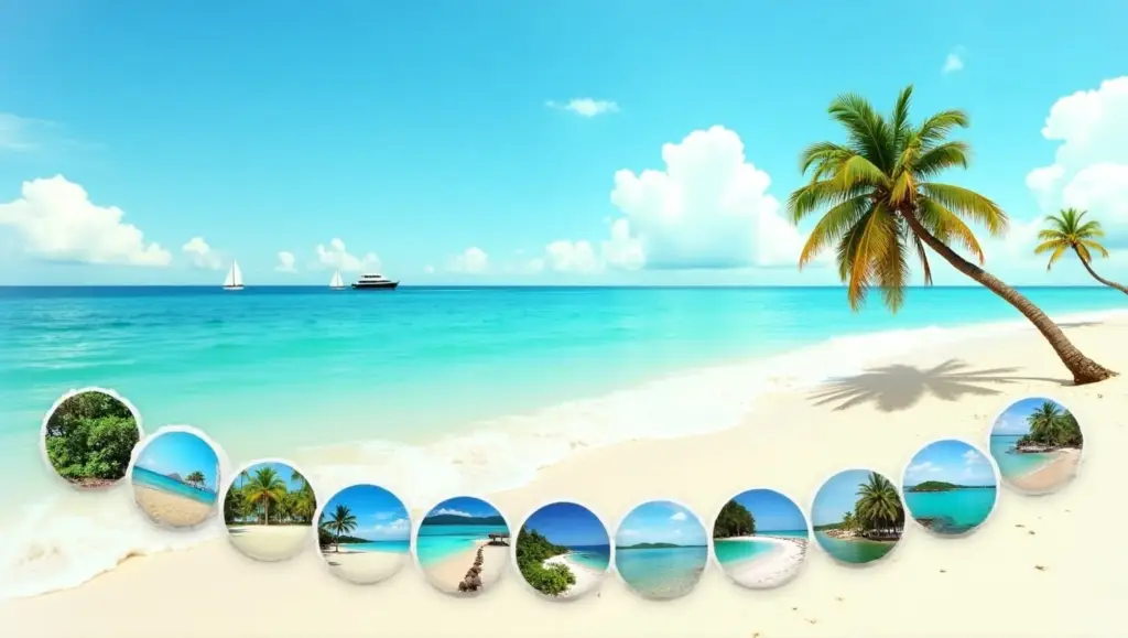 A serene beach scene in Tanzania featuring turquoise waters, a sailboat, and palm trees, complemented by circular images of best beaches in Tanzania