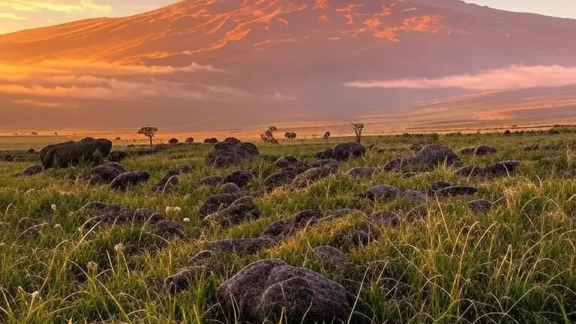 Majestic Mount Kilimanjaro rises against a vibrant sunset, framed by grassy plains and scattered rocks in the foreground.
