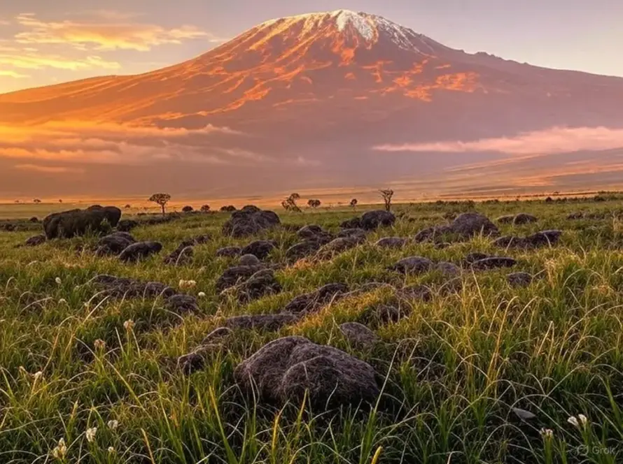 Majestic Mount Kilimanjaro rises against a vibrant sunset, framed by grassy plains and scattered rocks in the foreground.