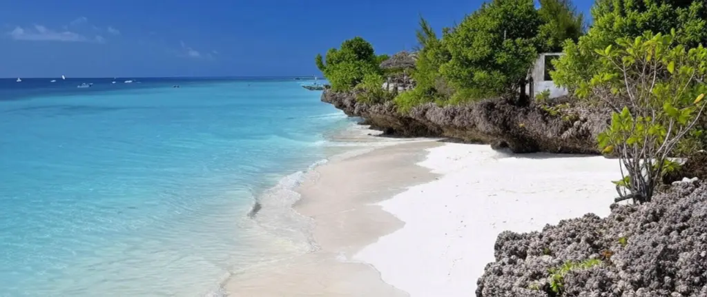 Islands in Tanzania boast serene beach scenes with clear turquoise waters, soft sandy shores, and lush greenery cascading from rocky cliffs under a vibrant blue sky.
