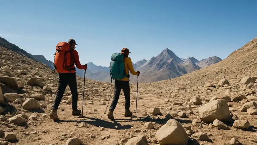 Two hikers, one in an orange jacket and the other in a yellow top, trek on a rocky path with mountains in the distance under a clear blue sky.