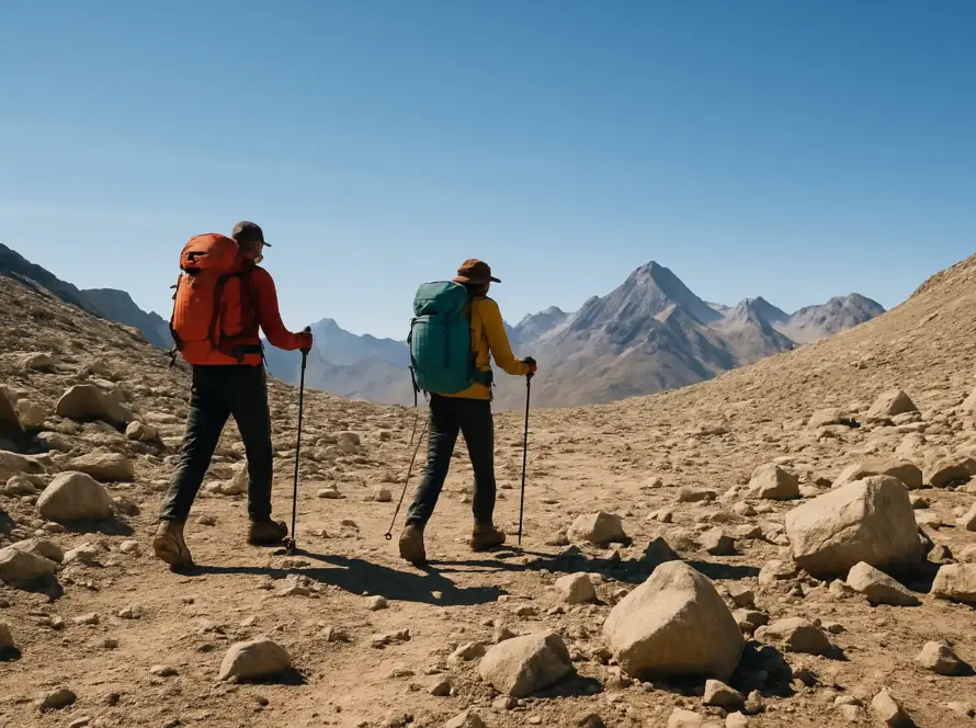 Two hikers, one in an orange jacket and the other in a yellow top, trek on a rocky path with mountains in the distance under a clear blue sky.