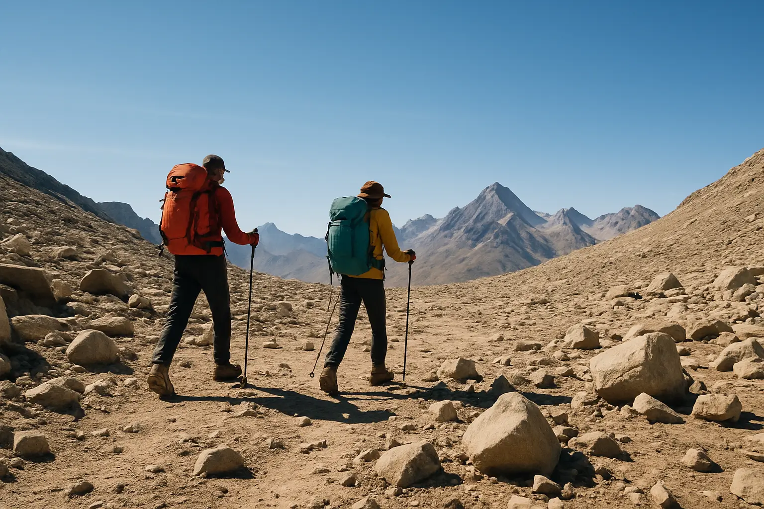 Two hikers, one in an orange jacket and the other in a yellow top, trek on a rocky path with mountains in the distance under a clear blue sky.