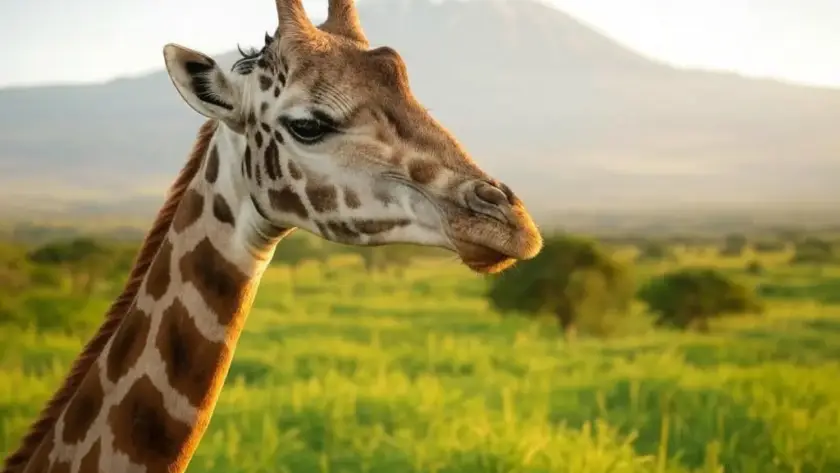 A close-up of a giraffe against a backdrop of vibrant green grass and a mountain, bathed in warm sunlight.