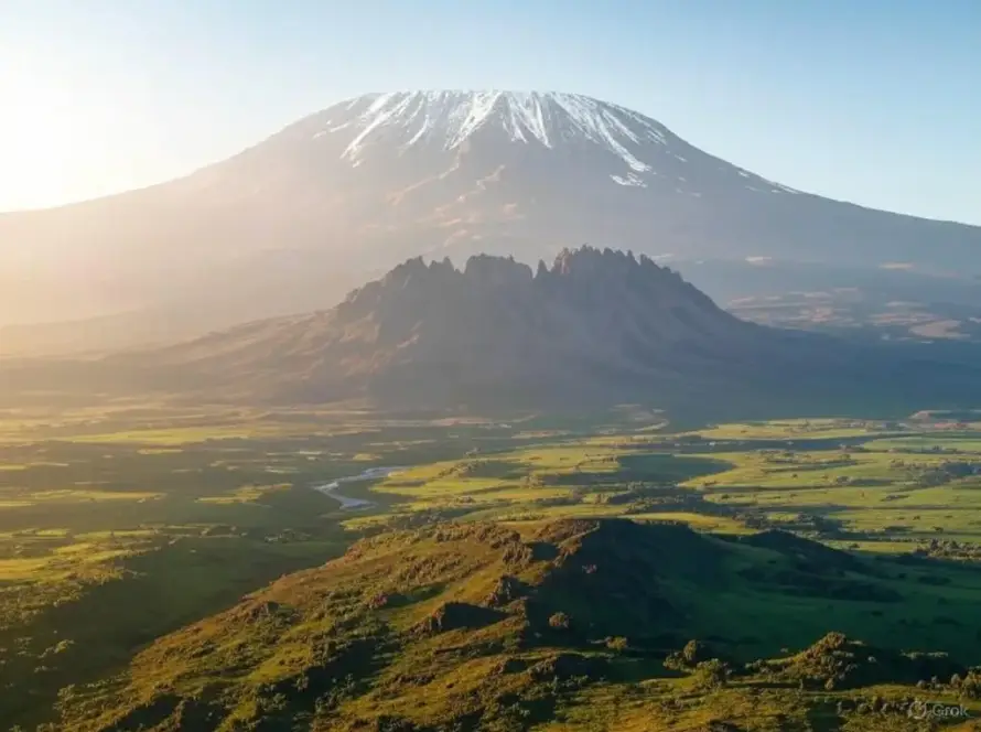 Majestic snow-capped Mount Kilimanjaro towers over lush greenery and rocky formations, illuminated by soft morning light.