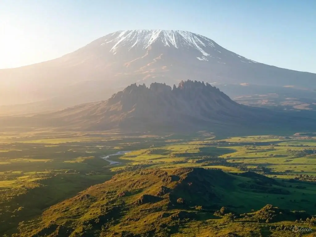 Majestic snow-capped Mount Kilimanjaro towers over lush greenery and rocky formations, illuminated by soft morning light.