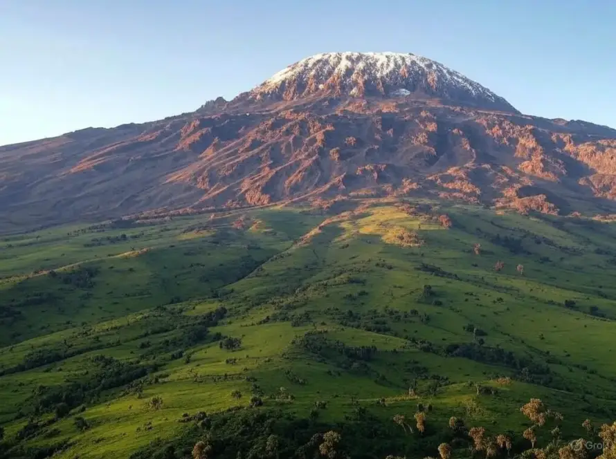 Majestic Mount Kilimanjaro towers over verdant hills, its snow-capped summit illuminated by the sunlight.