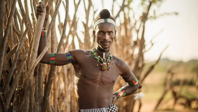 A man from the Hadza tribe with tribal tattoos stands confidently in front of a large tree in a natural setting.
