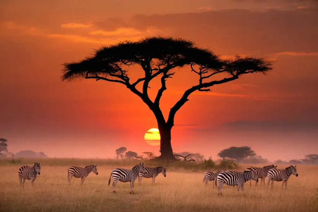 Zebras gather in a field at sunset, creating a striking scene during an Arusha safari.