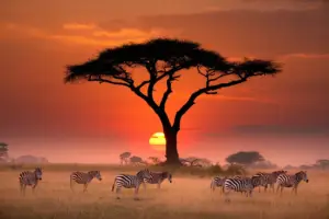 Zebras gather in a field at sunset, creating a striking scene during an Arusha safari.