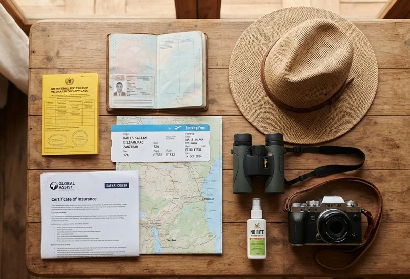Passport, yellow fever vaccination certificate, and safari travel essentials representing Tanzania yellow fever requirements before departure.