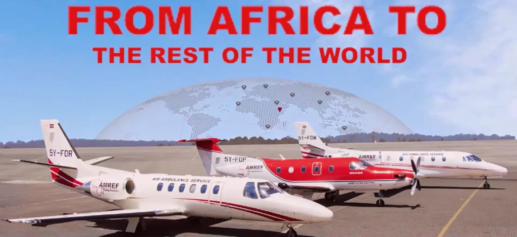 Flying Doctors Africa AMREF air ambulance fleet on an airport runway highlighting emergency medical evacuation services from Africa to the rest of the world.