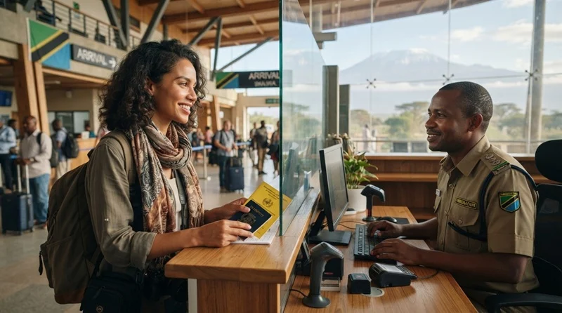 Traveler arriving at Tanzania airport with vaccination certificate, illustrating Tanzania yellow fever requirements for international visitors.