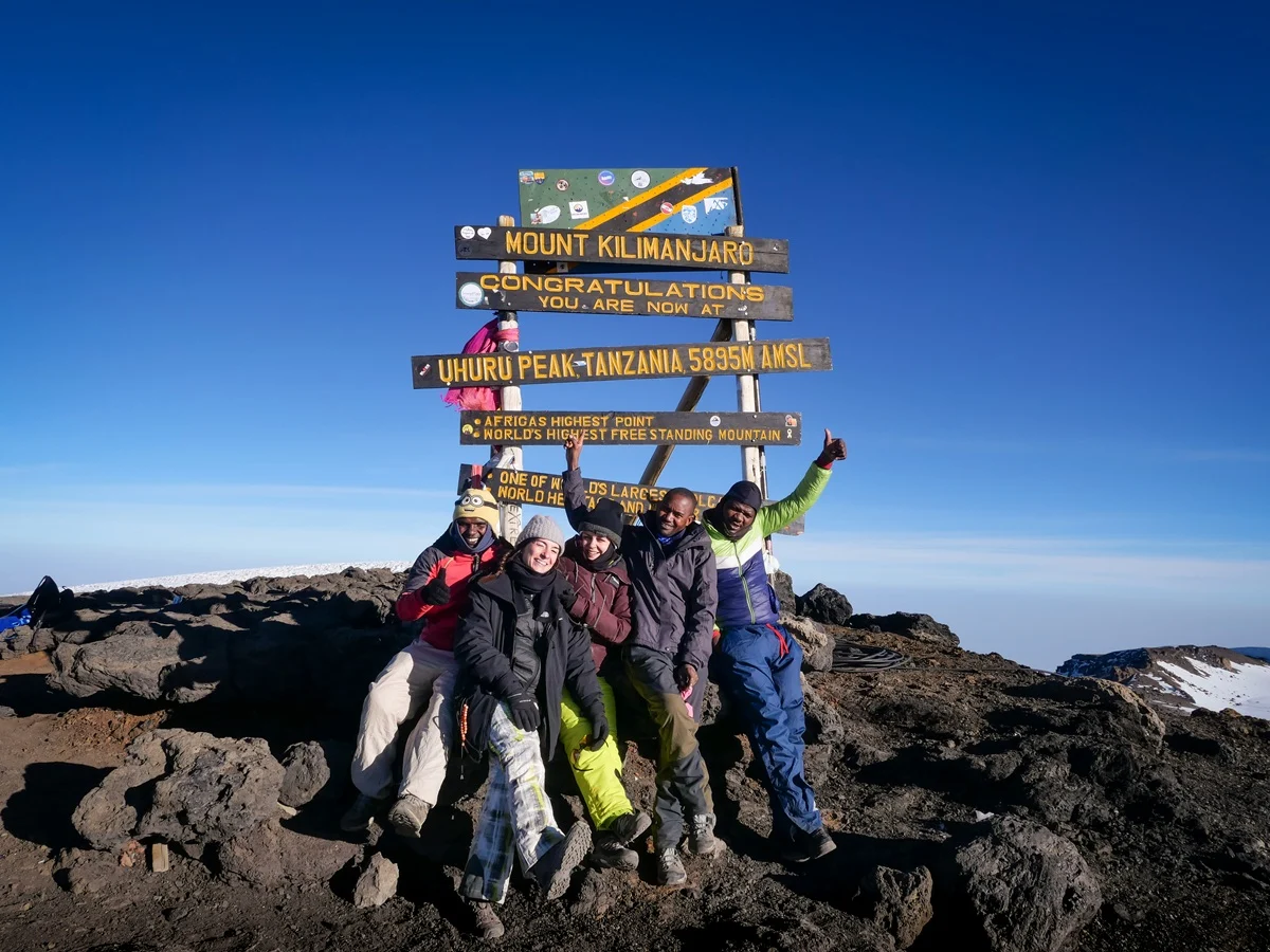 Group gathered at the Uhuru Peak summit sign