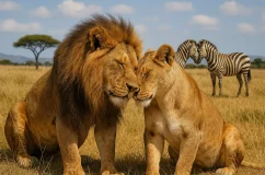Animals In the Romantic Honeymoon Mode in Tanzania In the heart of Tanzania’s golden savannah, a lion and lioness nuzzle affectionately—wild romance on display beneath a vast blue sky. In the distance, serene zebras graze peacefully, capturing the raw beauty of a honeymoon in Tanzania and Zanzibar before retreating to the white sands of Zanzibar.