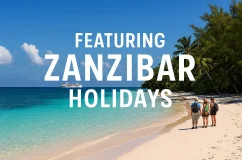 Zanzibar vakanties in de kijker Toeristen wandelen op een zandstrand op Zanzibar, onder een helderblauwe hemel, met turquoise water en een cruiseschip in de verte.