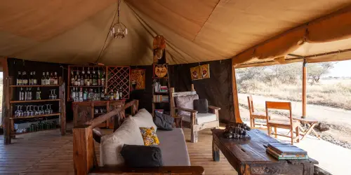 Lounge Mawe Camp: luxury tent with wooden furniture, a bar, African decor, and savannah views.